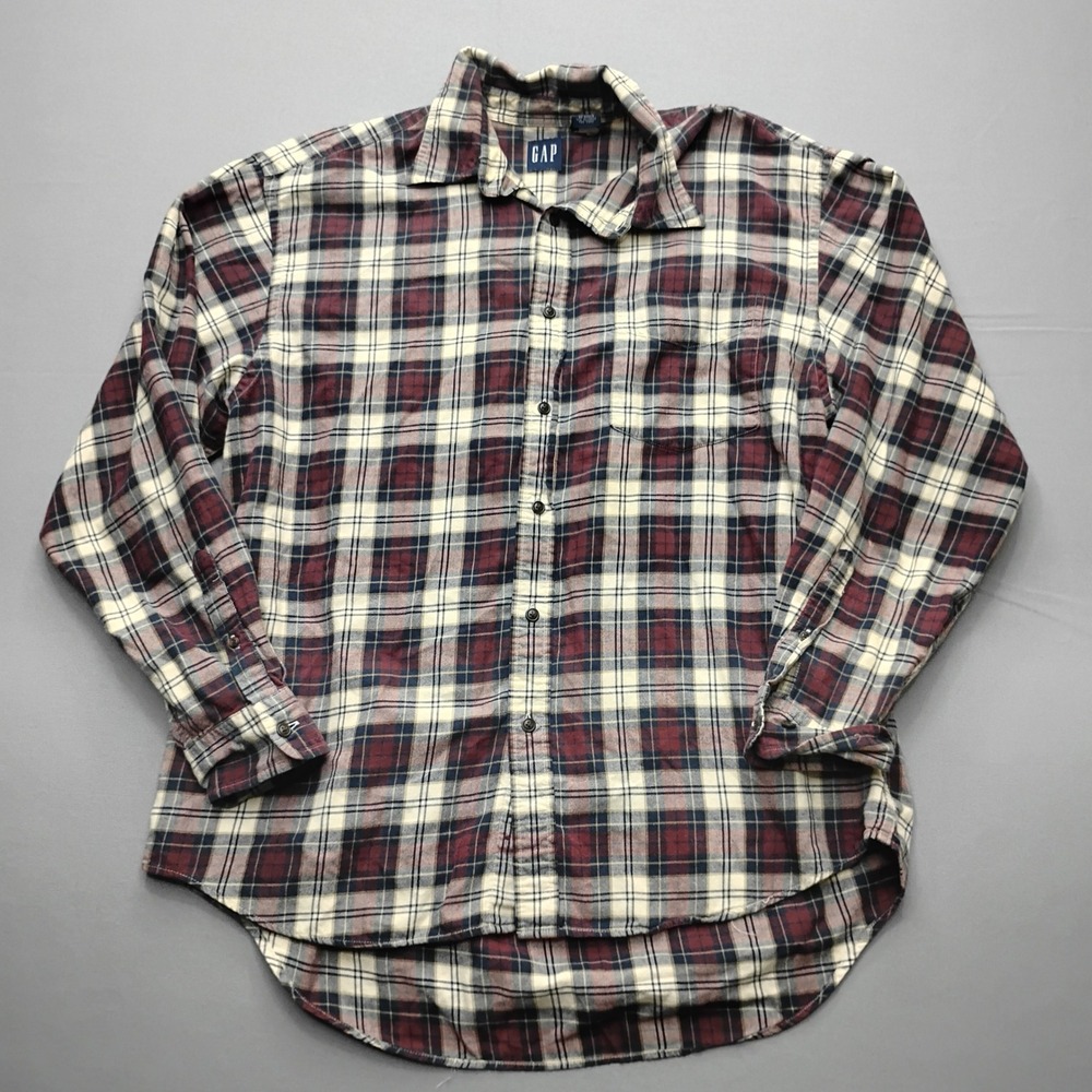 Vintage GAP Mens Flannel Shirt Large Plaid Long Sleeve Maroon Blue Cream Cotton